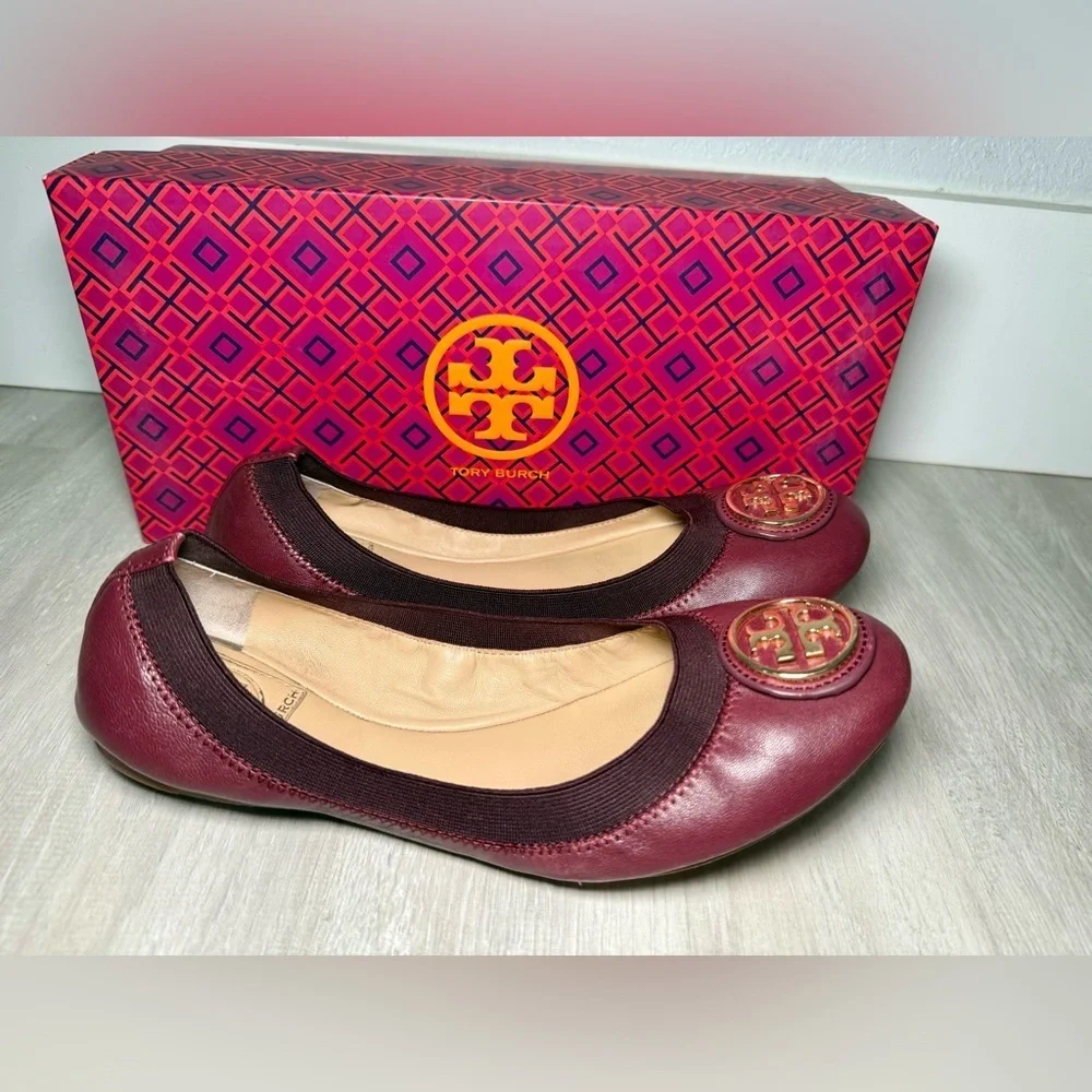 Tory Burch Burgundy Leather Ballet Flats Gold Logo Women Size 7.5 M